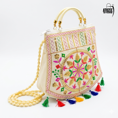 Women's Rajasthani Jaipuri Embroidered Sling Bag – Handmade Design with Colorful Tassels & Gold Handle