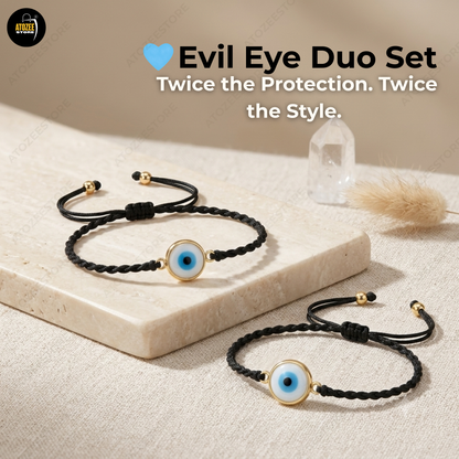 Sky Blue Evil Eye Twisted Black Cord Bracelet Duo Set of 2 - Evil Eye Duo Set Twice the Protection Twice the Style - Atozee Store