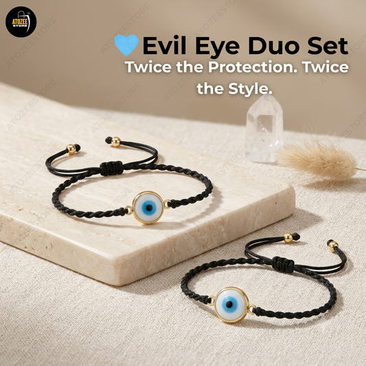 Sky Blue Evil Eye Twisted Black Cord Bracelet Duo Set of 2 - Evil Eye Duo Set Twice the Protection Twice the Style - Atozee Store