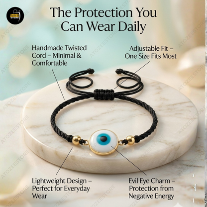 Sky Blue Evil Eye Twisted Black Cord Bracelet Duo Set of 2 | Matching Couple & BFF Bracelet