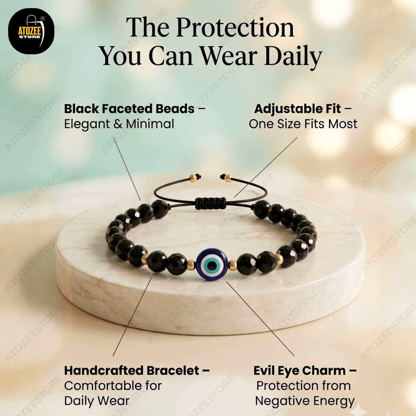 Black Faceted Bead Evil Eye Bracelet - Adjustable Fit, Handcrafted, Evil Eye Charm Protection