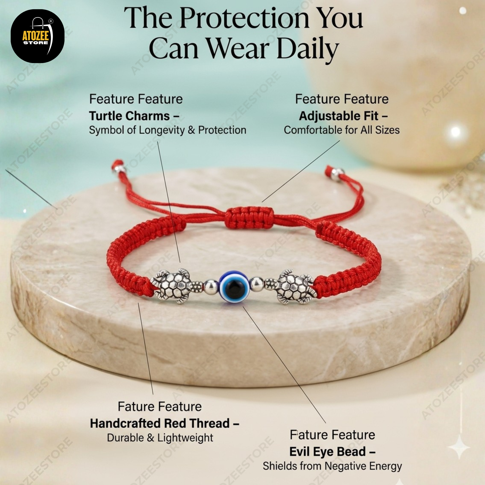 Red Thread Turtle Charm Evil Eye Bracelet - Handcrafted, Adjustable, Symbol of Longevity and Protection