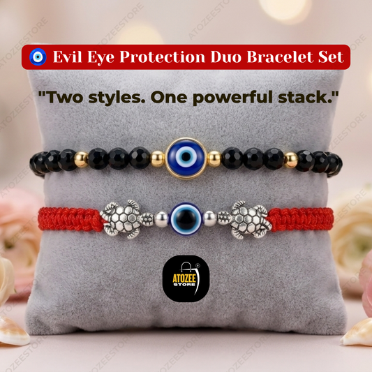 Evil Eye Turtle Charm & Black Bead Bracelet Combo Set of 2 | Protection, Luck & Longevity