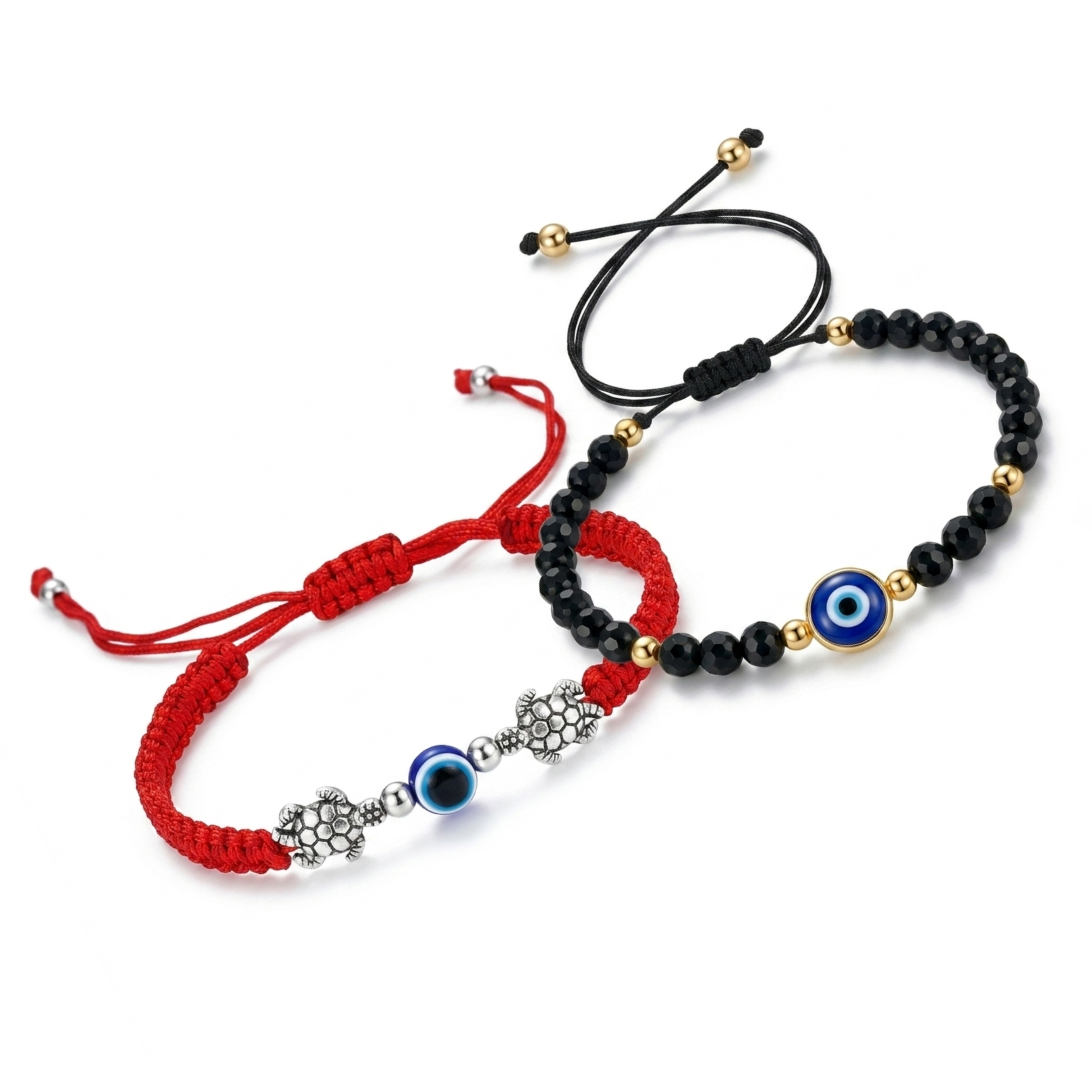 Evil Eye Turtle Charm and Black Bead Bracelet Combo Set of 2 - Red Thread and Black Cord Adjustable Bracelets