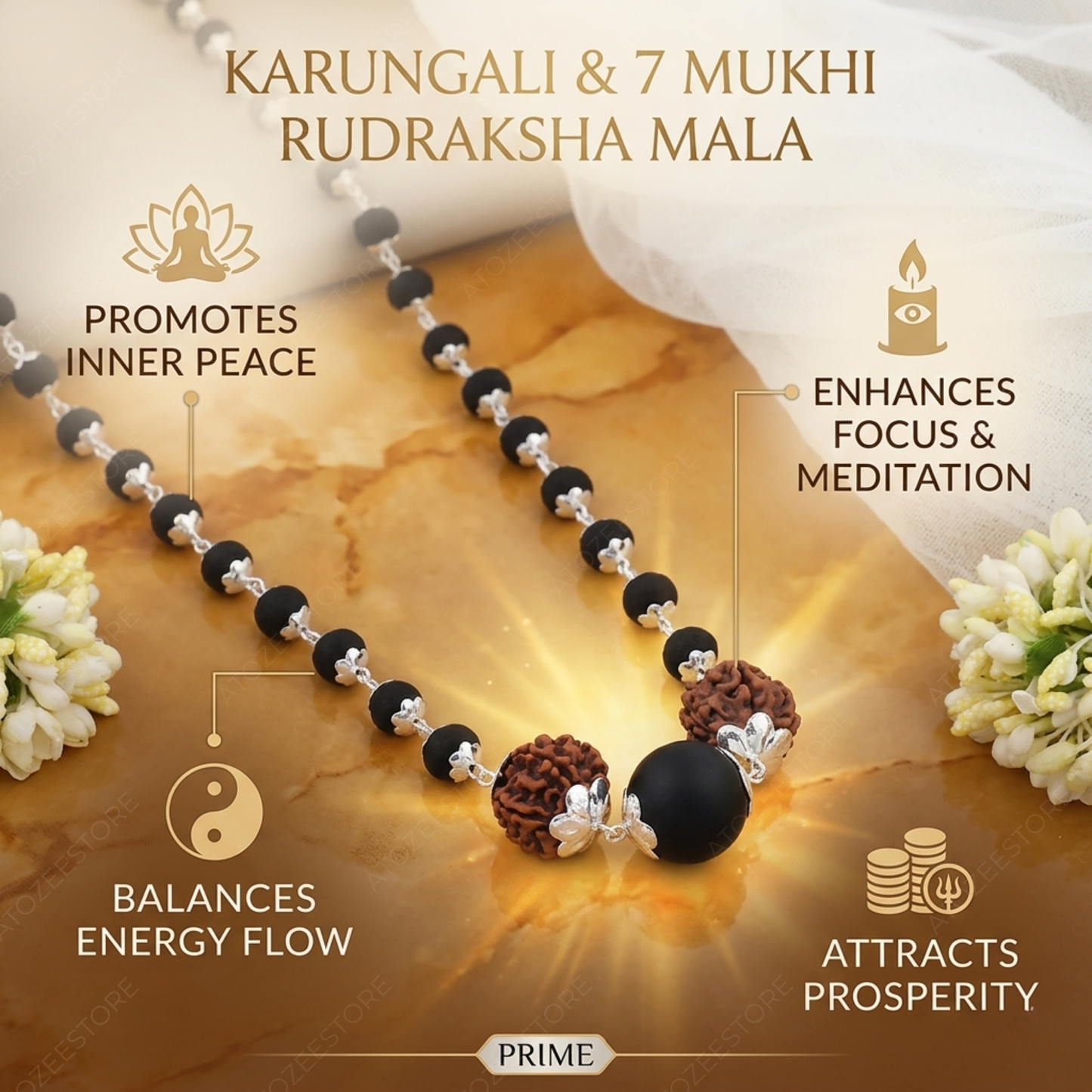Karungali & 7 Mukhi Rudraksha Silver Cap Mala
