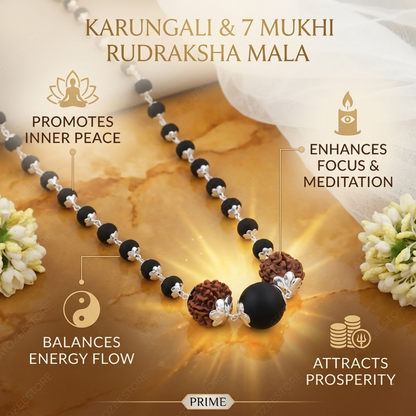 Karungali & 7 Mukhi Rudraksha Silver Cap Mala
