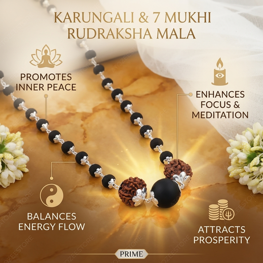 Karungali & 7 Mukhi Rudraksha Silver Cap Mala