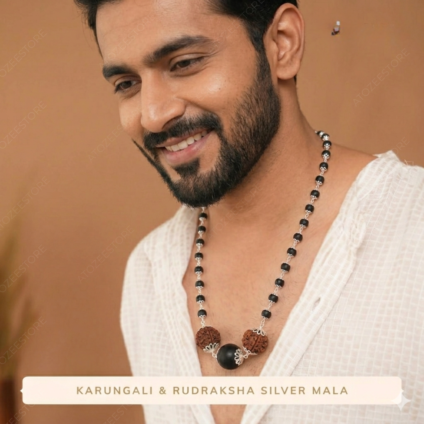 Karungali & 7 Mukhi Rudraksha Silver Cap Mala
