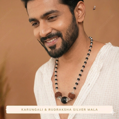 Karungali & 7 Mukhi Rudraksha Silver Cap Mala