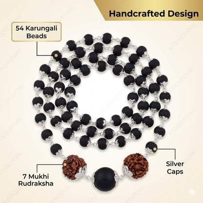 Karungali & 7 Mukhi Rudraksha Silver Cap Mala