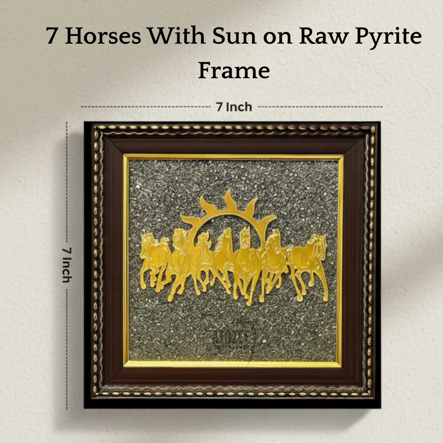 Framed artwork with gold horses and sun design on raw pyrite, 7-inch dimensions.

