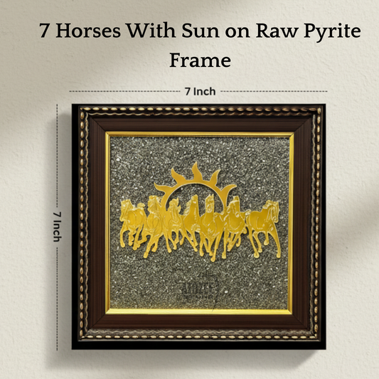 Framed artwork with gold horses and sun design on raw pyrite, 7-inch dimensions.

