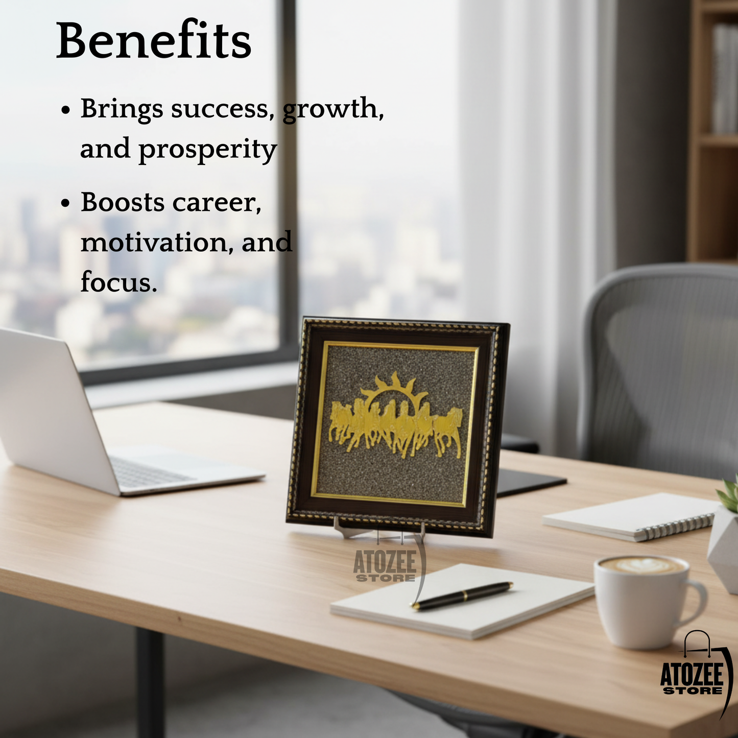 Pyrite Seven Running Horses With Sun Wall Art | Vastu Wooden Frame