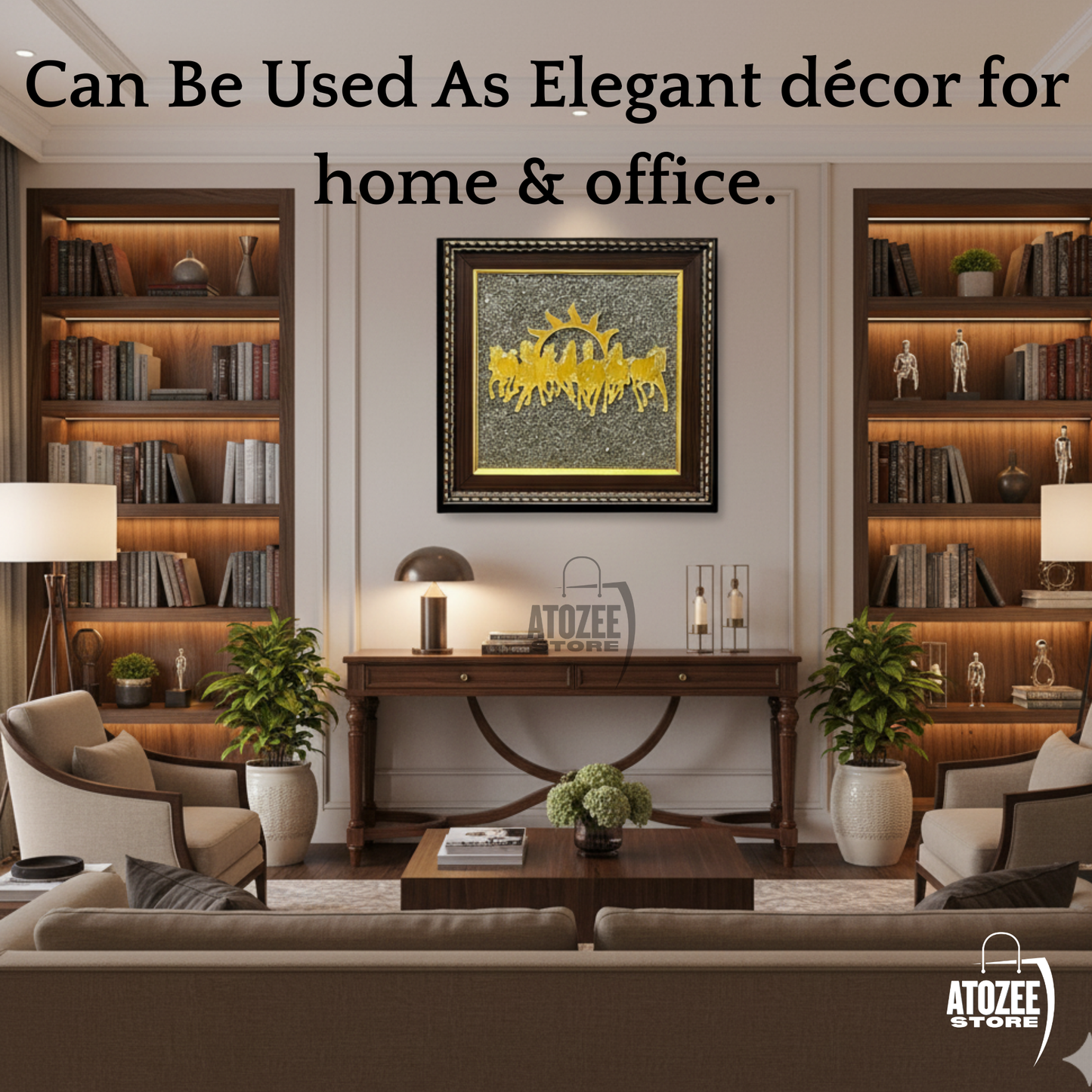 Pyrite Seven Running Horses With Sun Wall Art | Vastu Wooden Frame