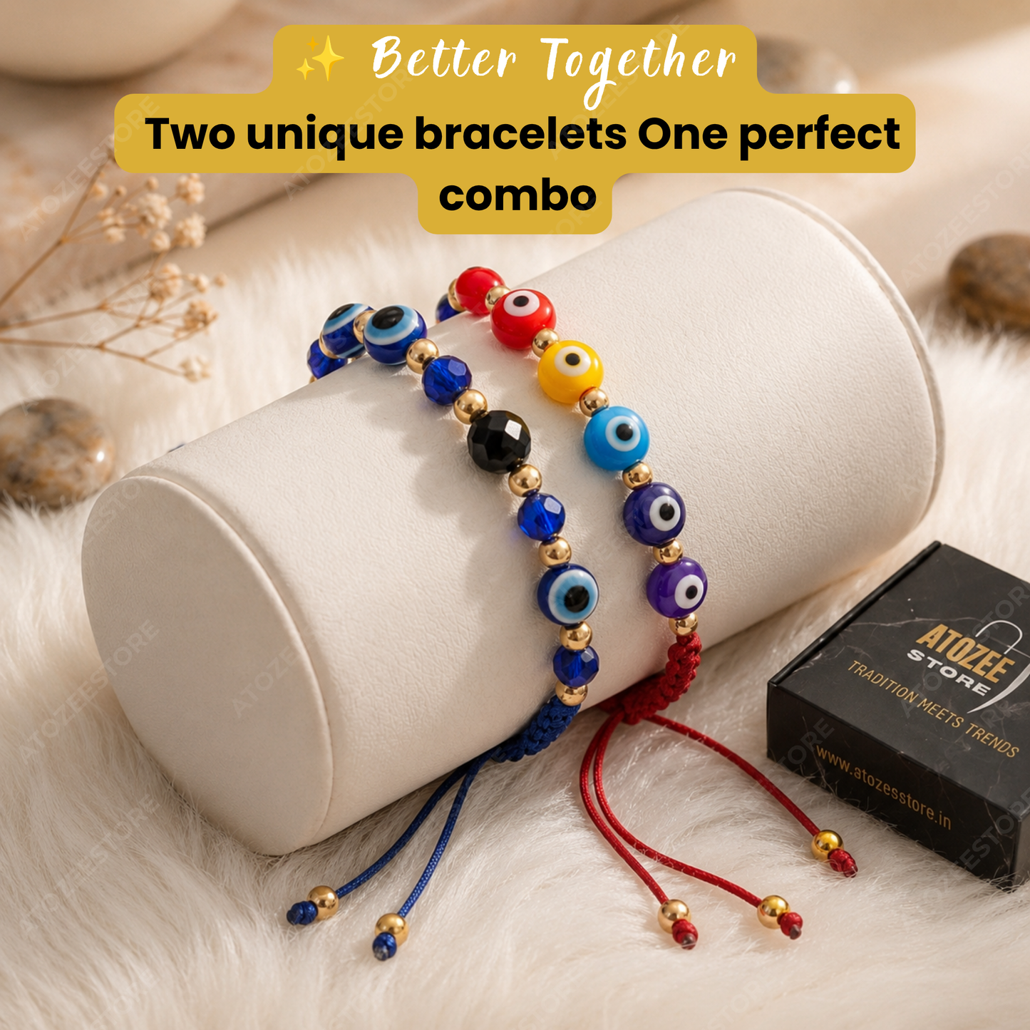 Evil Eye Beaded Bracelet Combo Set of 2 | Blue & Red Thread Protection Bracelet