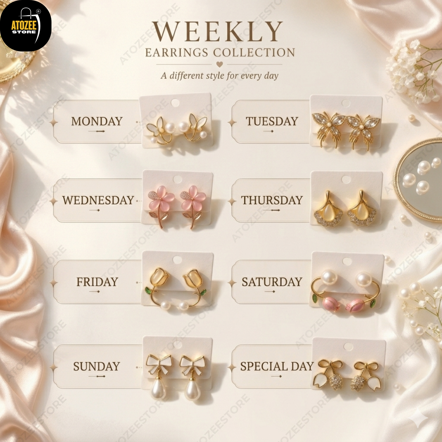 Weekly Korean Dainty Earrings Collection | 8 Pairs | Butterfly, Tulip, Bow & Pearl