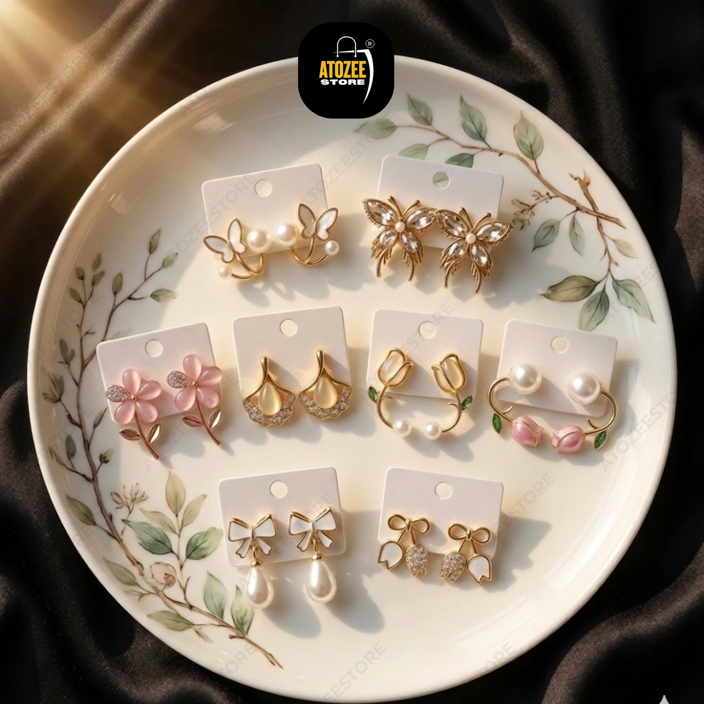 Weekly Korean Dainty Earrings Collection | 8 Pairs | Butterfly, Tulip, Bow & Pearl