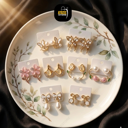 Weekly Korean Dainty Earrings Collection | 8 Pairs | Butterfly, Tulip, Bow & Pearl