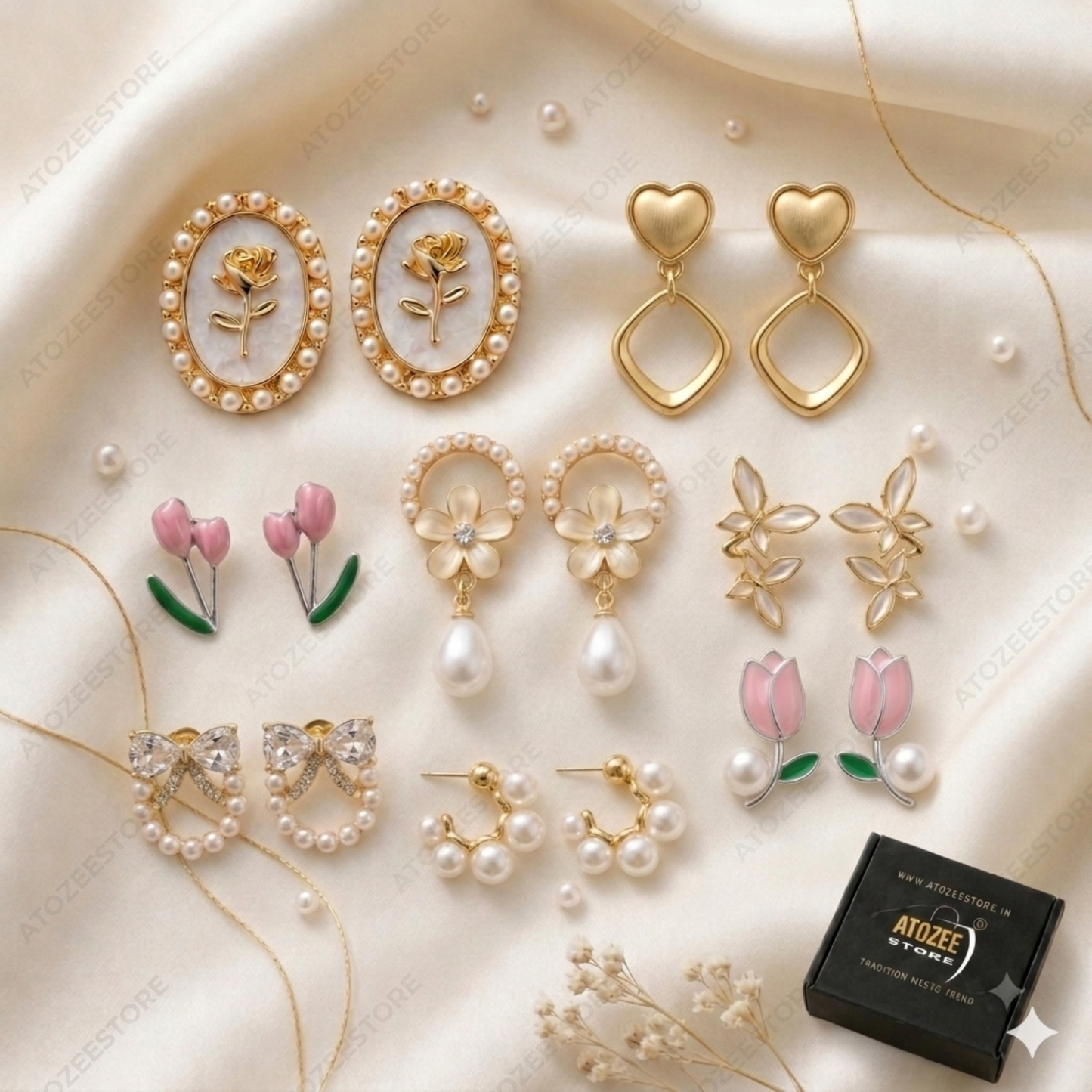 Stunning 8 Pairs Korean Floral & Pearl Dainty Earrings Collection | Rose, Tulip, Heart, Bow & More