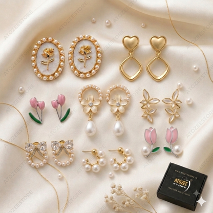 Stunning 8 Pairs Korean Floral & Pearl Dainty Earrings Collection | Rose, Tulip, Heart, Bow & More