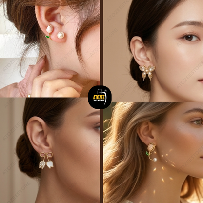 Weekly Korean Dainty Earrings Collection | 8 Pairs | Butterfly, Tulip, Bow & Pearl