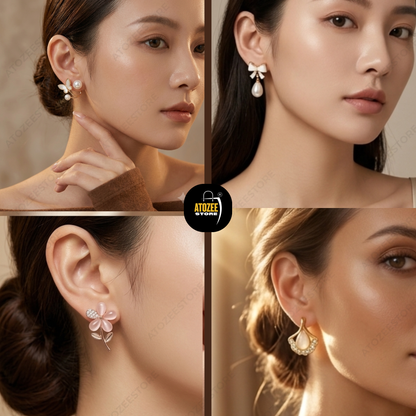 Weekly Korean Dainty Earrings Collection | 8 Pairs | Butterfly, Tulip, Bow & Pearl