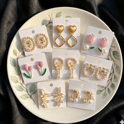 Stunning 8 Pairs Korean Floral & Pearl Dainty Earrings Collection | Rose, Tulip, Heart, Bow & More