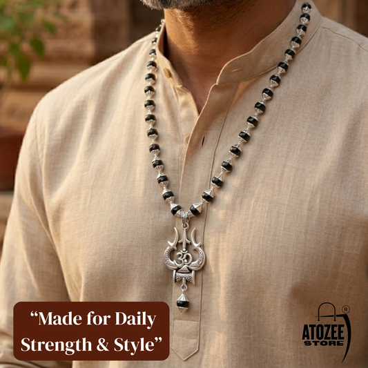 Original Karungali Mala with Om Shiva Trishool Locket | Black Ebony Wood Shiva Bhakti Mala
