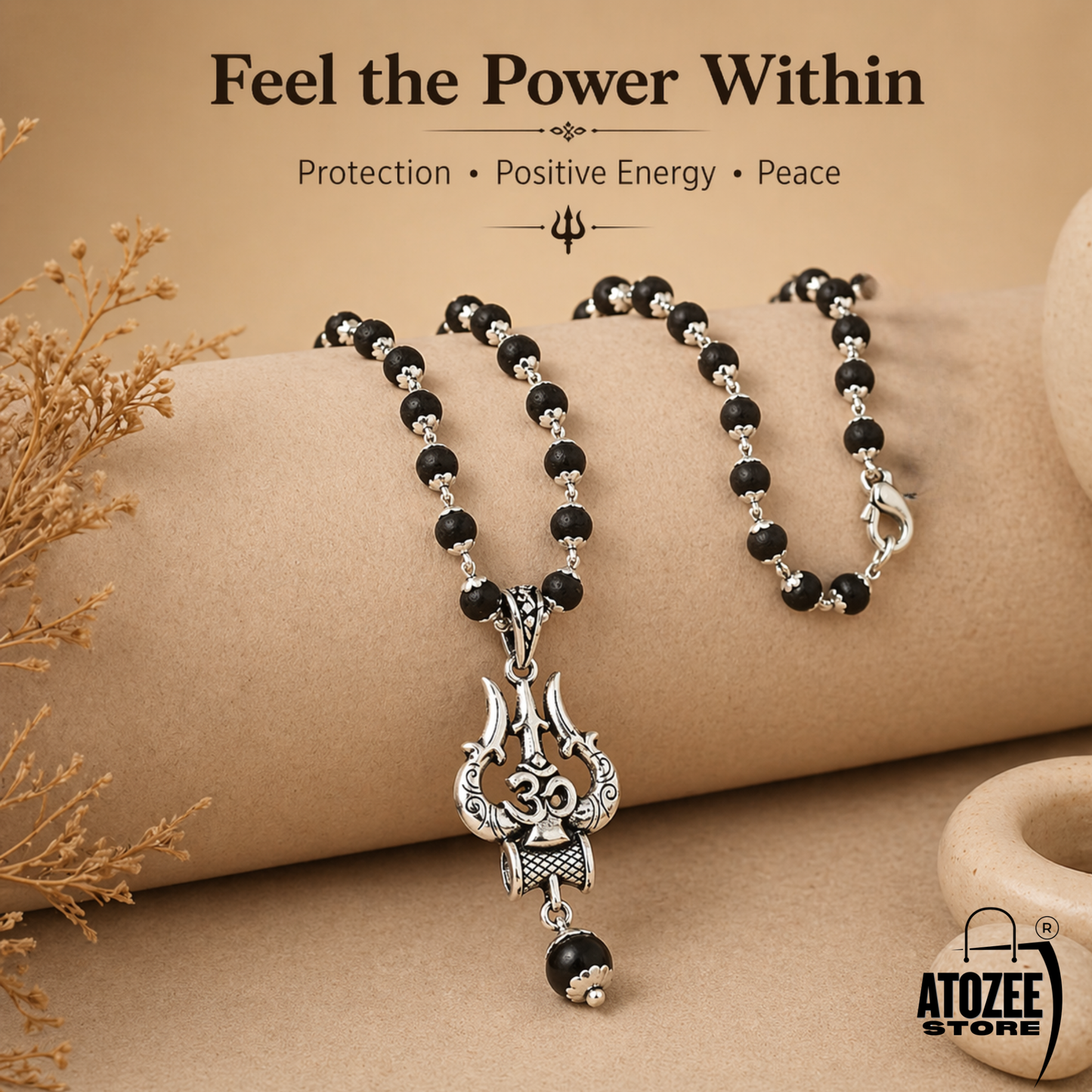 Original Karungali Mala with Om Shiva Trishool Locket | Black Ebony Wood Shiva Bhakti Mala