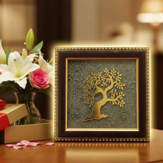 Premium Raw Pyrite Tree Wall Frame – Golden Metal Art with Wooden Border