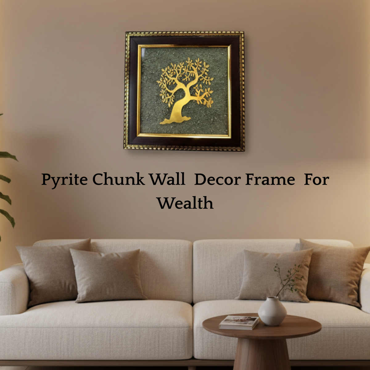 Premium Raw Pyrite Tree Wall Frame – Golden Metal Art with Wooden Border