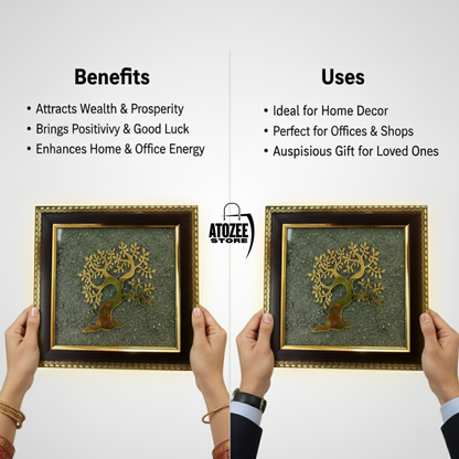 Premium Raw Pyrite Tree Wall Frame – Golden Metal Art with Wooden Border