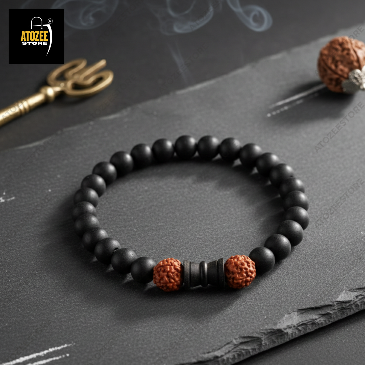 Certified Karungali Bracelet with Damru & Rudraksha Beads