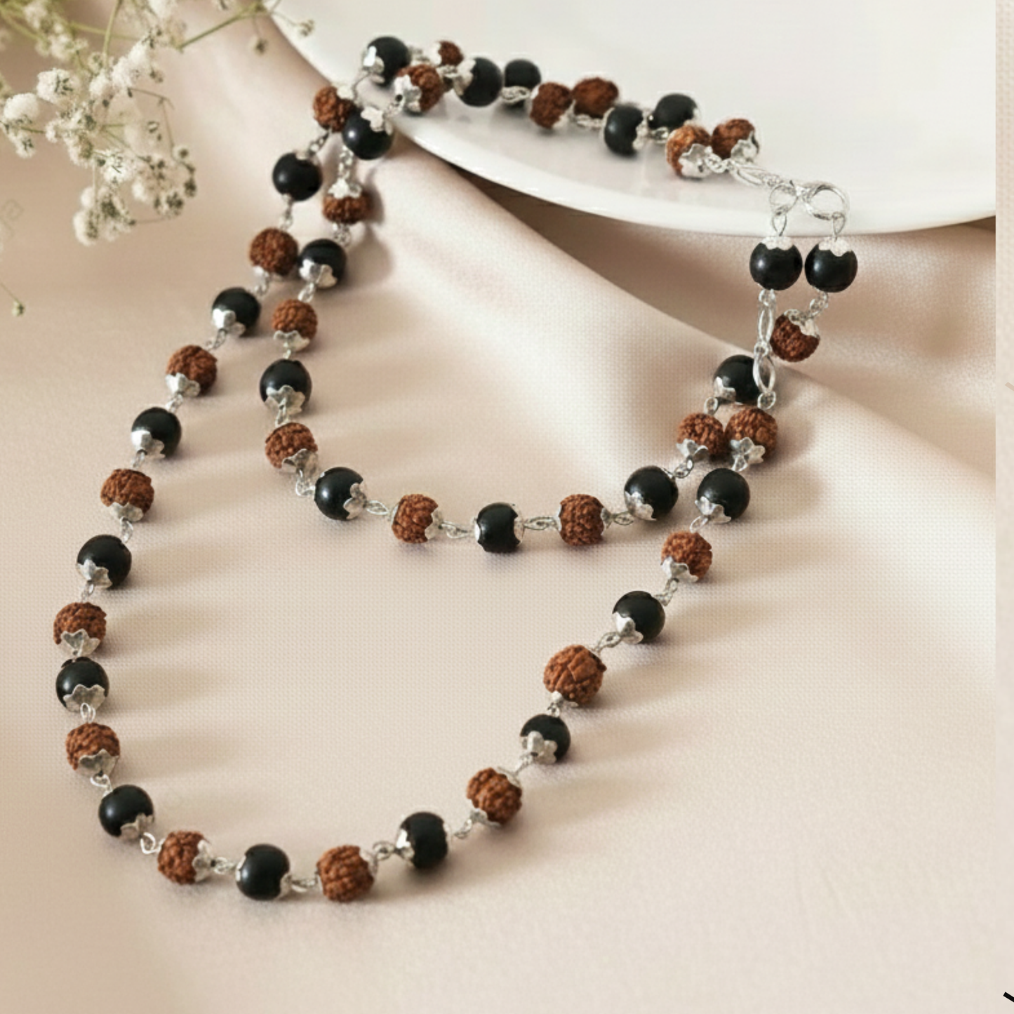 "Original Karungali Rudraksha Silver Cap Mala | Lab Certified | For Men & Women"