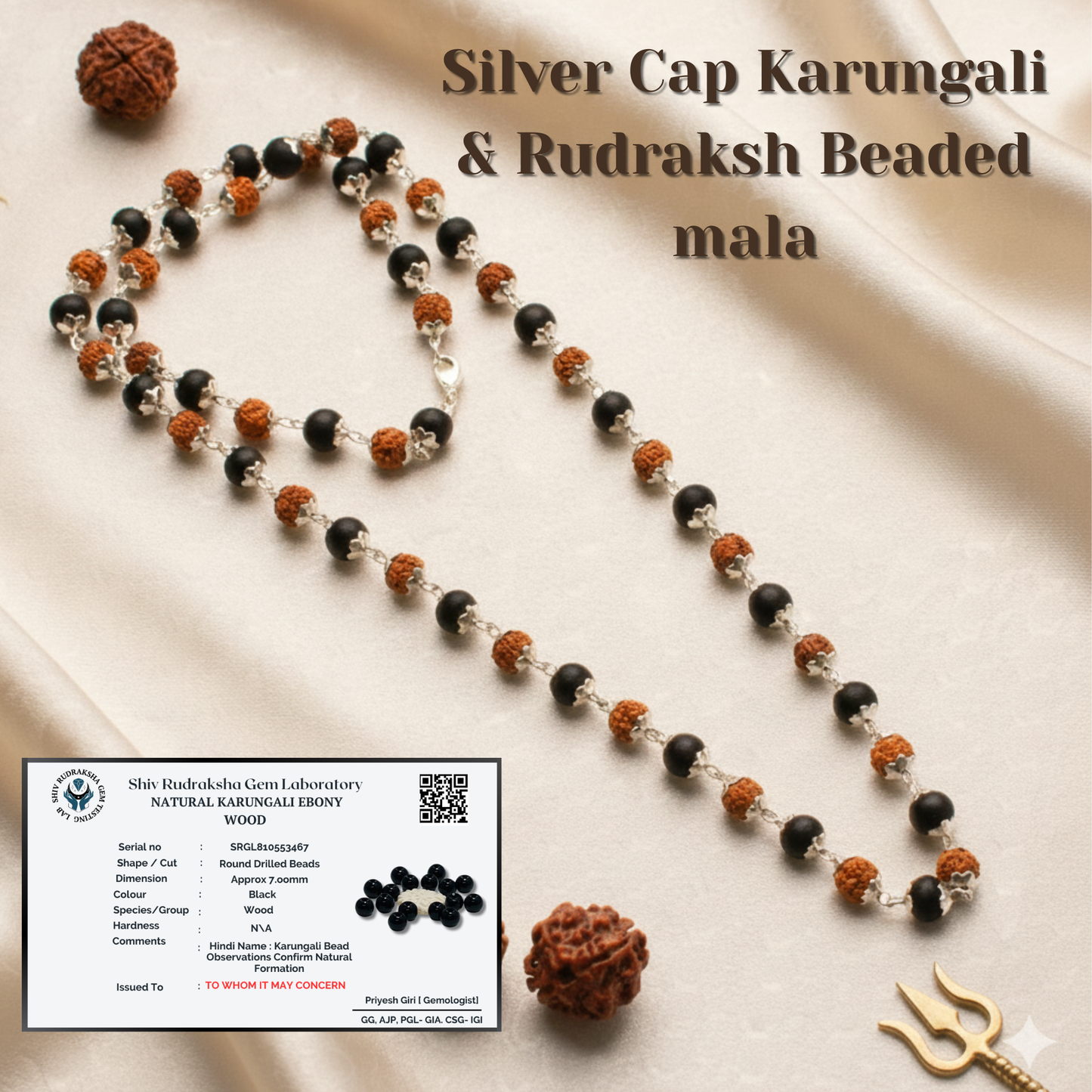 "Original Karungali Rudraksha Silver Cap Mala | Lab Certified | For Men & Women"
