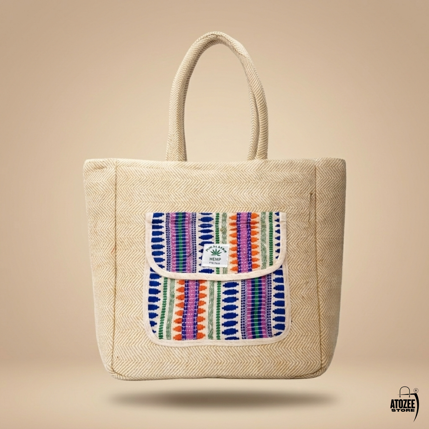 Women's Himalayan Hemp Beige Cream Tote Bag with Front Pocket – Boho Shoulder Bag