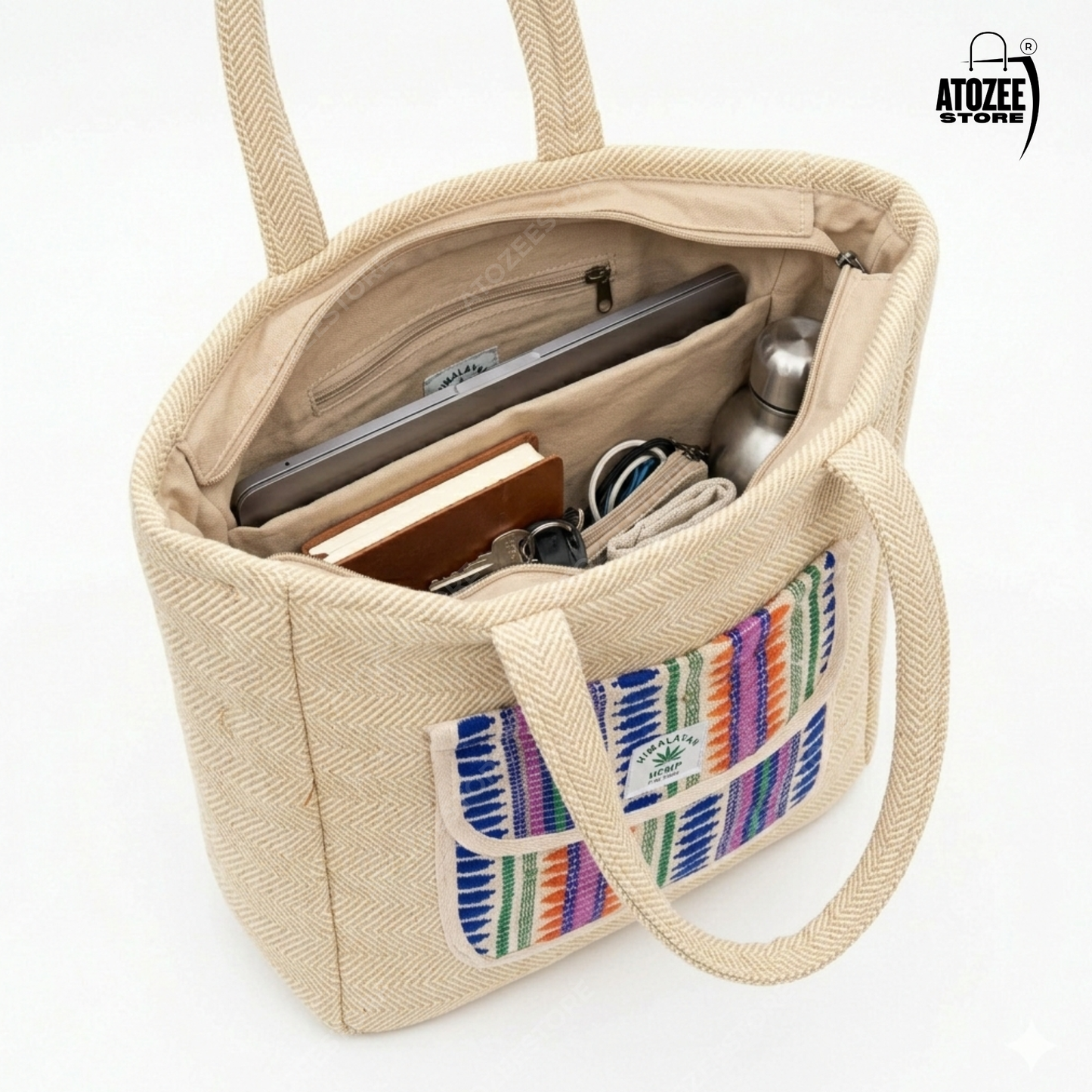 Women's Himalayan Hemp Beige Cream Tote Bag with Front Pocket – Boho Shoulder Bag