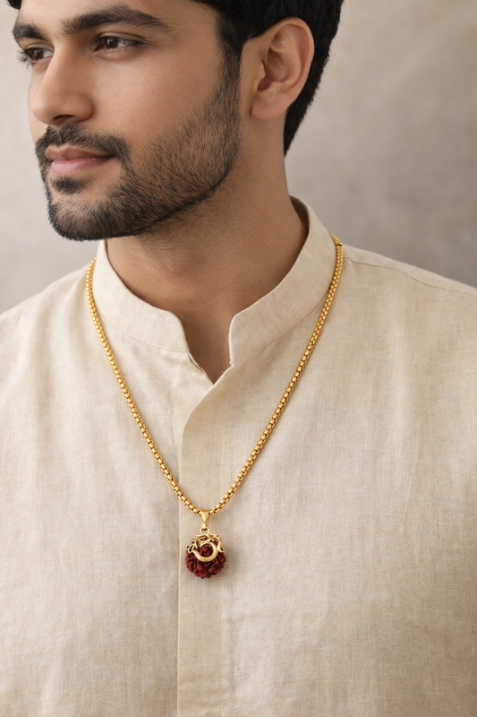 Om Rudraksha Gold Plated Chain Pendant | Spiritual Protection Necklace