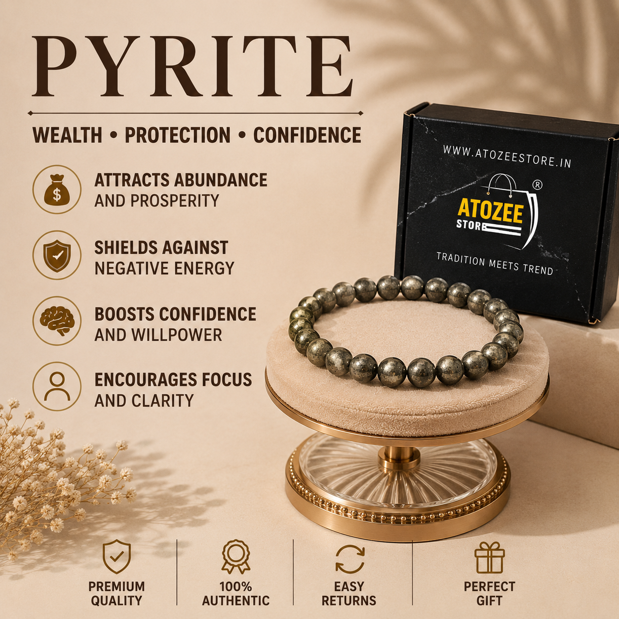 Pyrite Stone Bracelet Original Certified for Men & Women | Natural Protection Crystal | Raw Pyrite Money Bracelet | Wealth & Success Energy Stone Jewelry