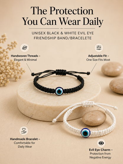 Handwoven Evil Eye Cord Bracelet Combo – Black & White Thread | Couples & Friends
