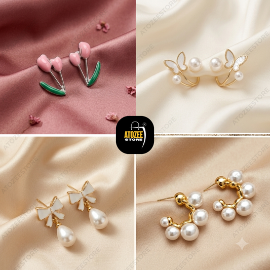 Korean Pearl Earrings Combo – Set of 4 Styles | Tulip, Pearl Hoop, Butterfly & Bow Drop