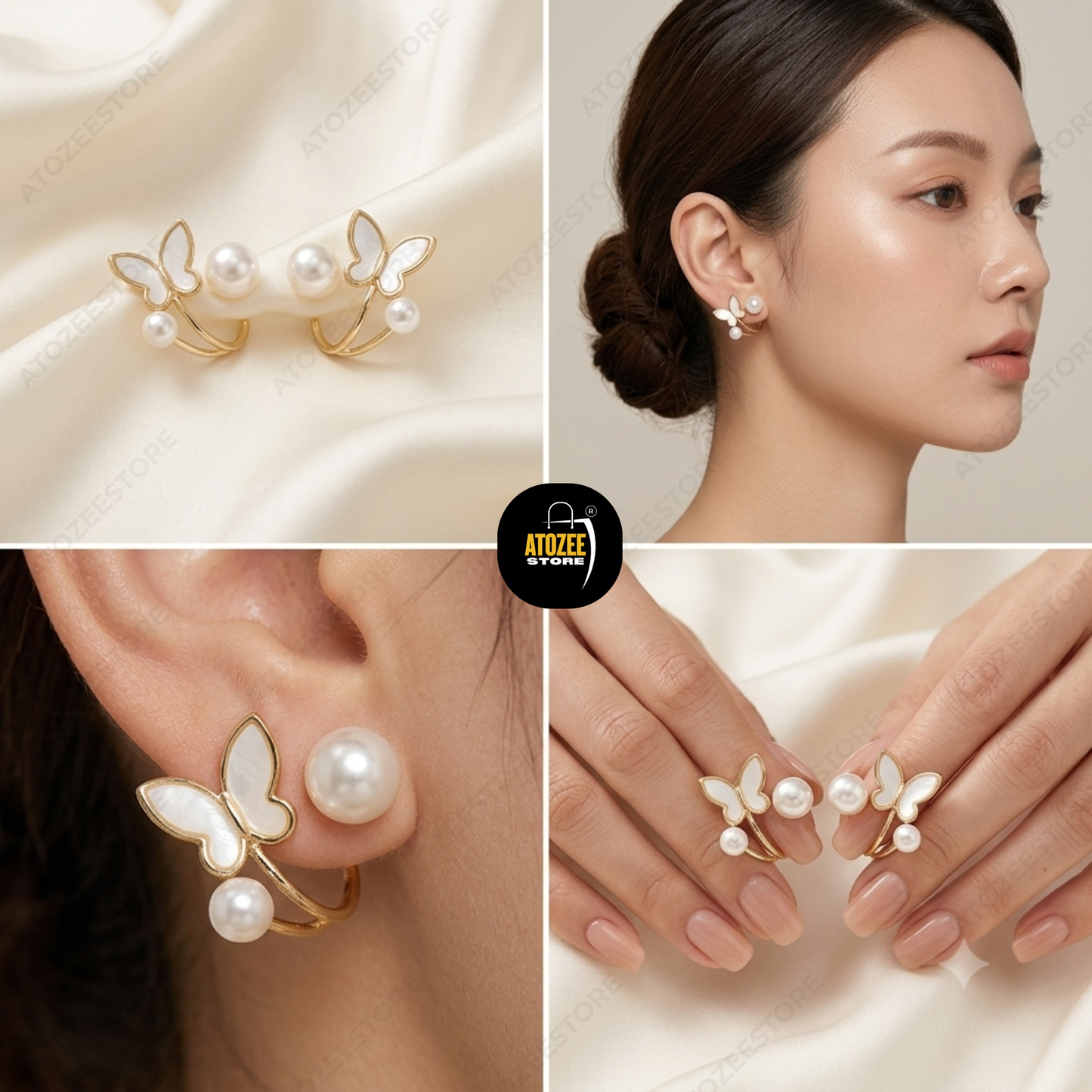Korean Pearl Earrings Combo – Set of 4 Styles | Tulip, Pearl Hoop, Butterfly & Bow Drop
