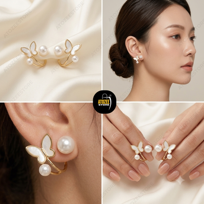 Korean Pearl Earrings Combo – Set of 4 Styles | Tulip, Pearl Hoop, Butterfly & Bow Drop