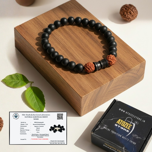 Certified Karungali Bracelet with Damru & Rudraksha Beads