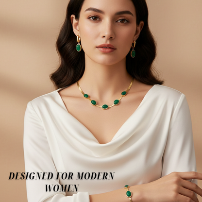Green Crystal Jewellery Set for Women | Gold Plated Necklace, Bracelet & Earrings Combo Pack