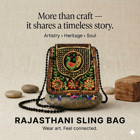 Women's Green Brown Handicrafts Cotton Embroidered Multicolour Rajasthani Sling Bag