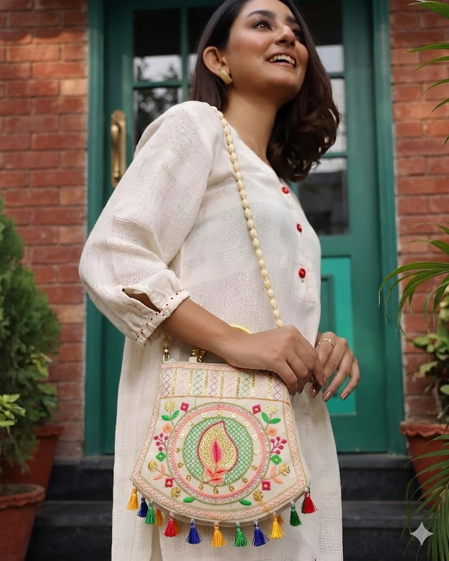 Women's Rajasthani Jaipuri Embroidered Sling Bag – Paisley Keri Design with Colorful Tassels & Gold Handle