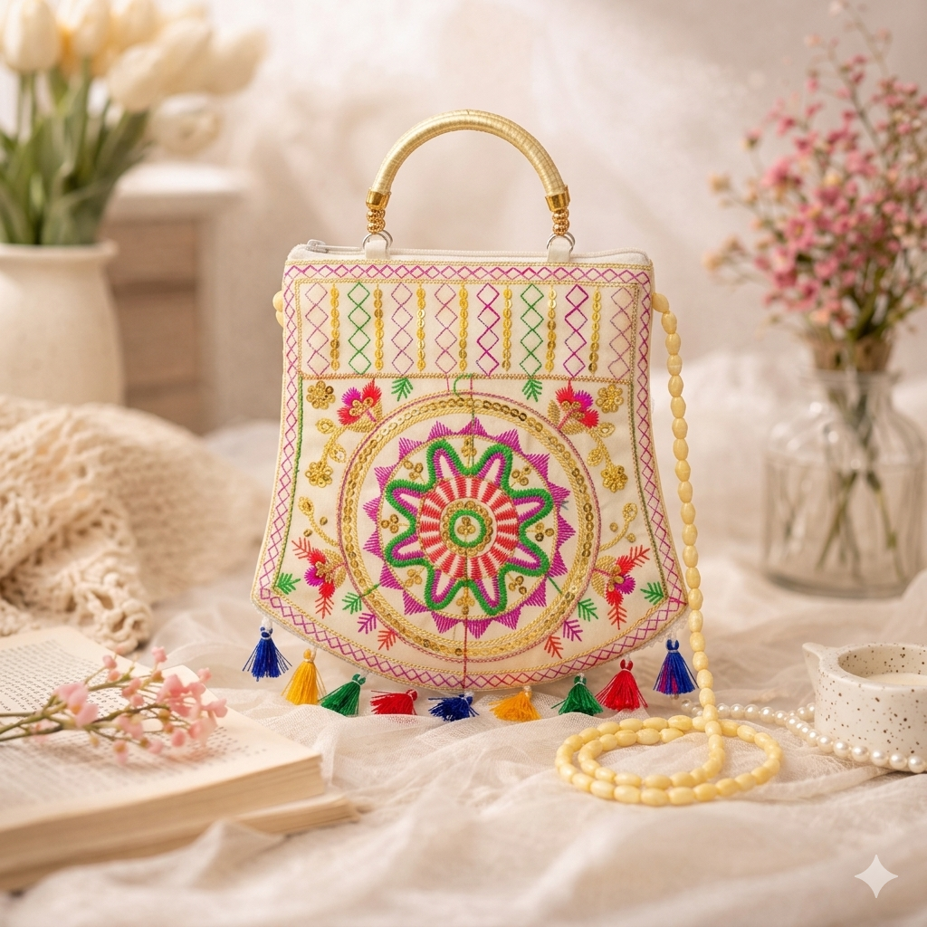 Women's Rajasthani Jaipuri Embroidered Sling Bag – Mandala Design with Colorful Tassels & Gold Handle