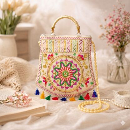 Women's Rajasthani Jaipuri Embroidered Sling Bag – Mandala Design with Colorful Tassels & Gold Handle
