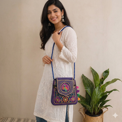 Women's Blue Handicrafts Cotton Embroidered Multicolour Rajasthani Sling Bag